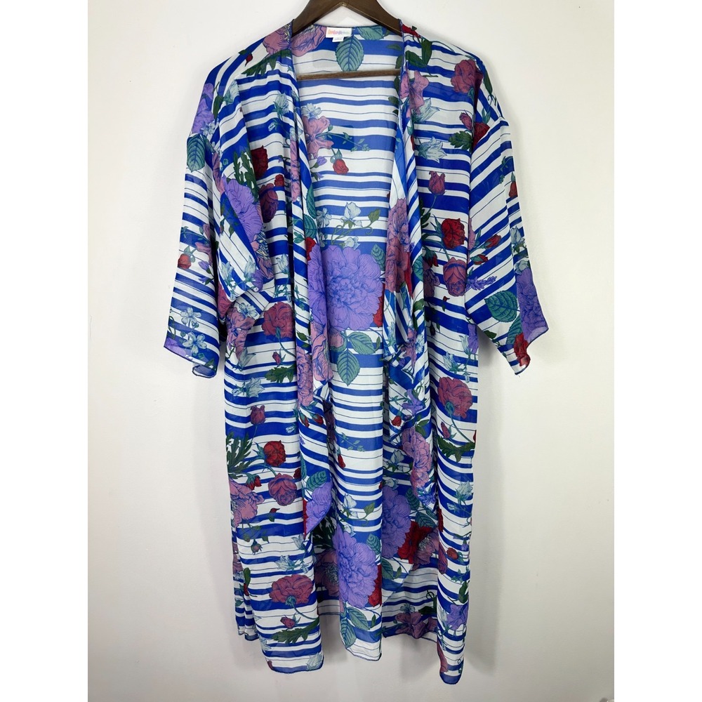 LuLaRoe Lindsay Kimono L Blue Stripe Floral Boho Coastal‎ Resort Beach Cover Up